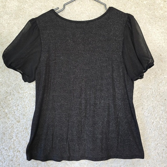 Kim & Cami Top Womens Large Black Metallic Puff Sleeve Party‎ Punk - Picture 7 of 10